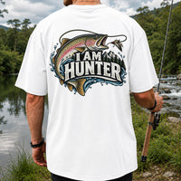 I Am Hunter Rainbow Trout Fly Fishing Mountain Graphic T-Shirt | Back Print