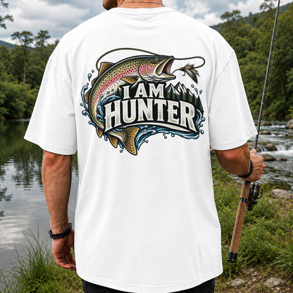 I Am Hunter Rainbow Trout Fly Fishing Mountain Graphic T-Shirt | Back Print