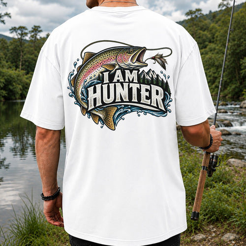 I Am Hunter Rainbow Trout Fly Fishing Mountain Graphic T-Shirt | Back Print