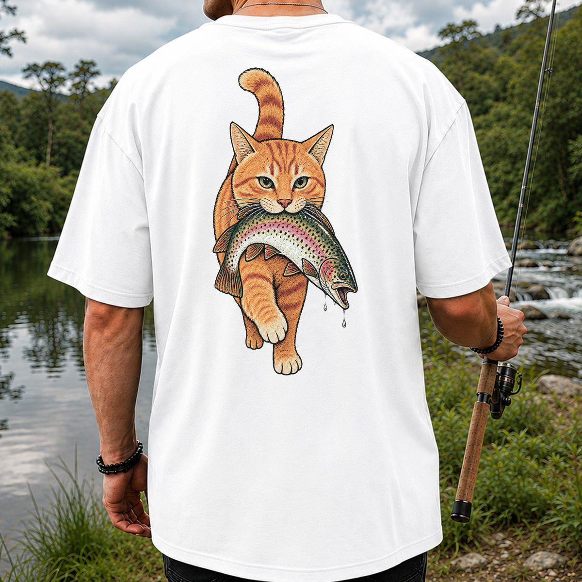 Cat Holding Trout Funny Fishing Graphic T-Shirt | Back Print