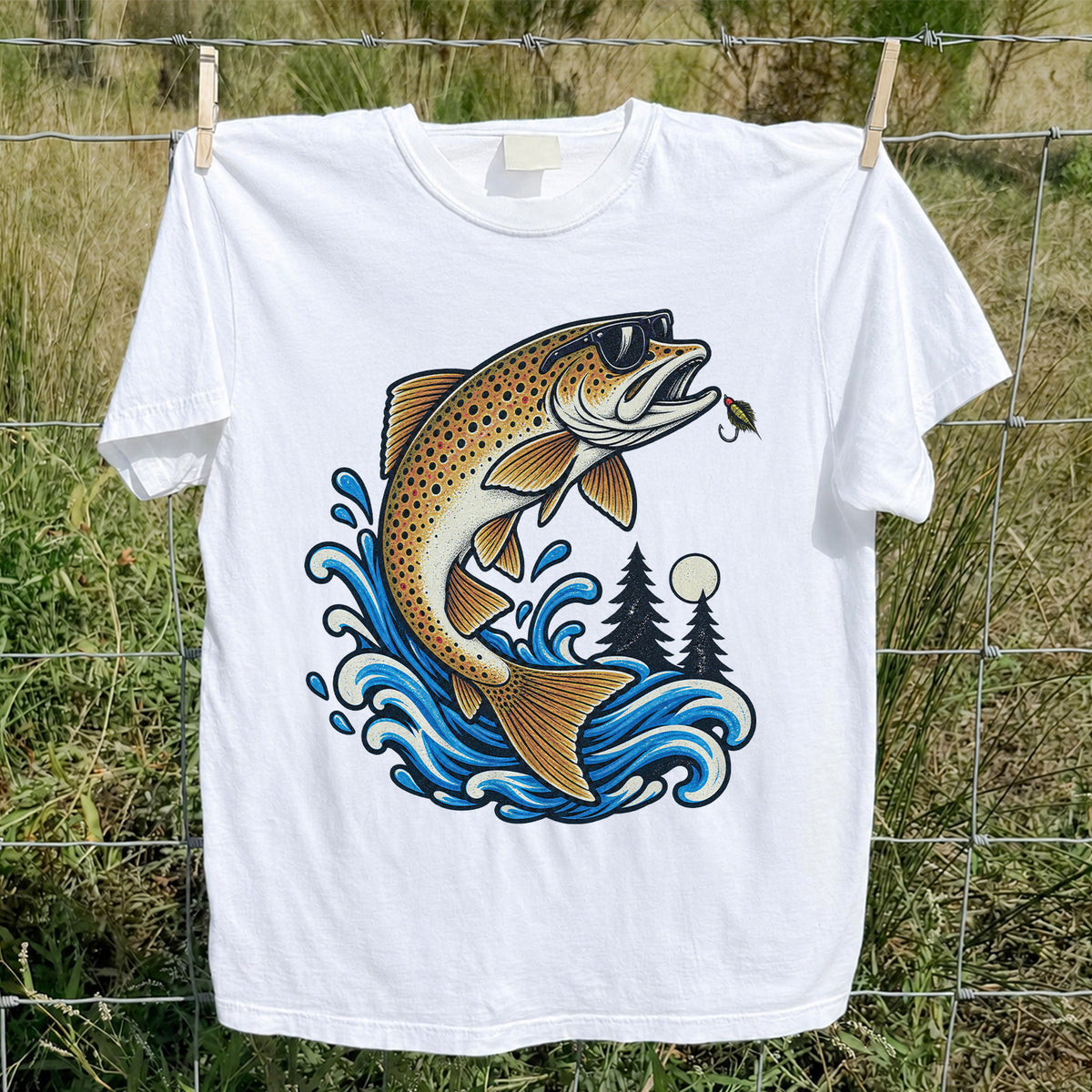 Brown Trout Sunglasses Fishing Graphic T-Shirt with Lure