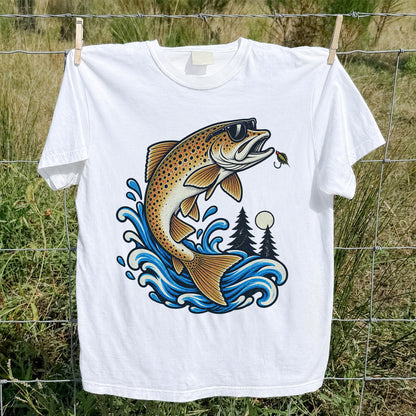 Brown Trout Sunglasses Fishing Graphic T-Shirt with Lure