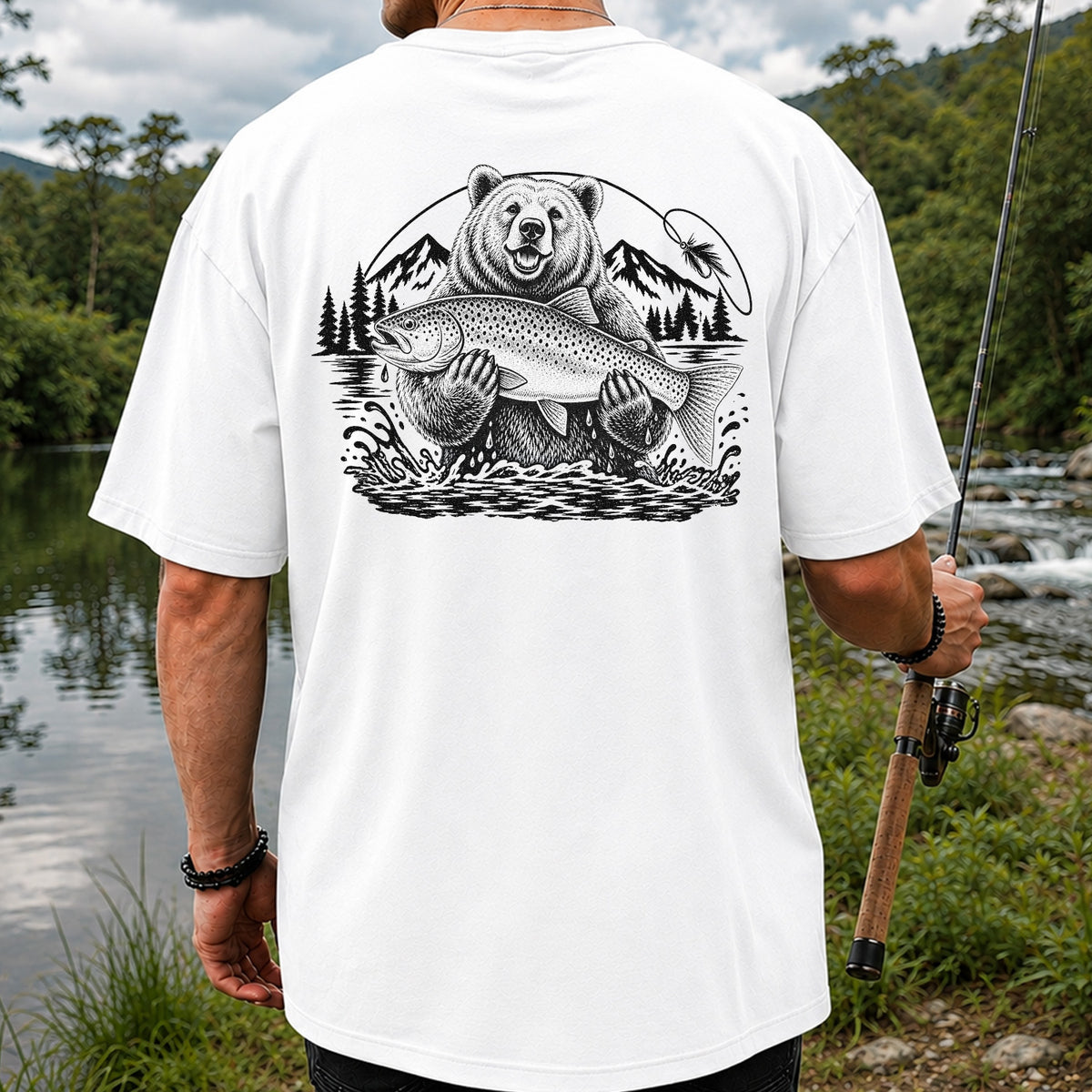 Bear Holding Trout in Mountain Lake Fishing Graphic T-Shirt | Back Print