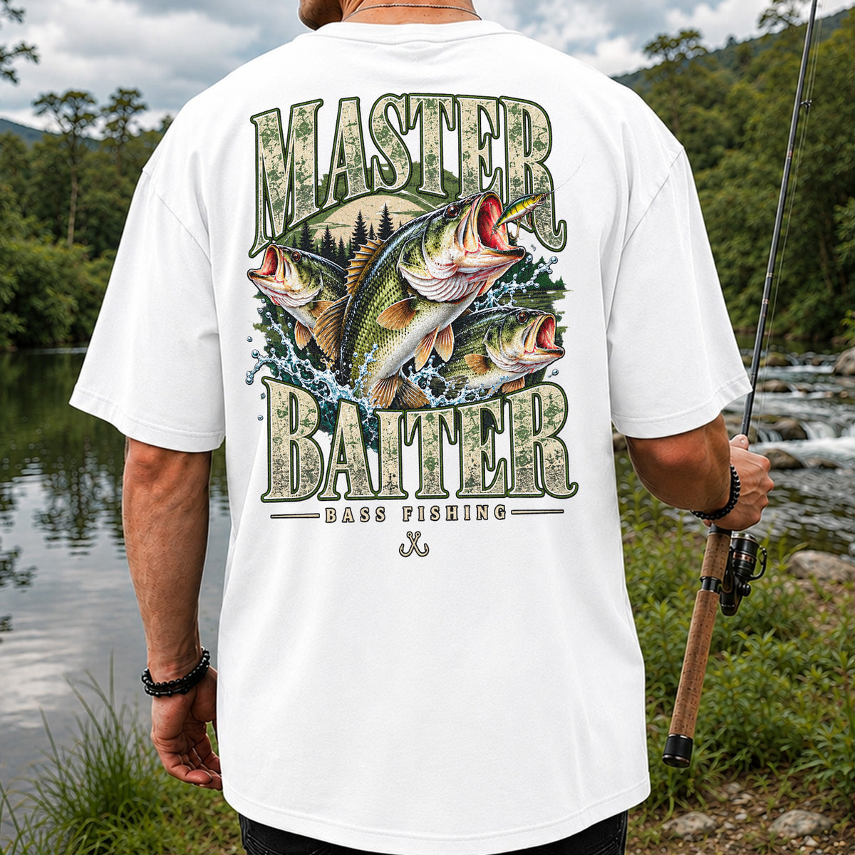Master Baiter Bass Fishing Funny Vintage Graphic T-Shirt | Back Print