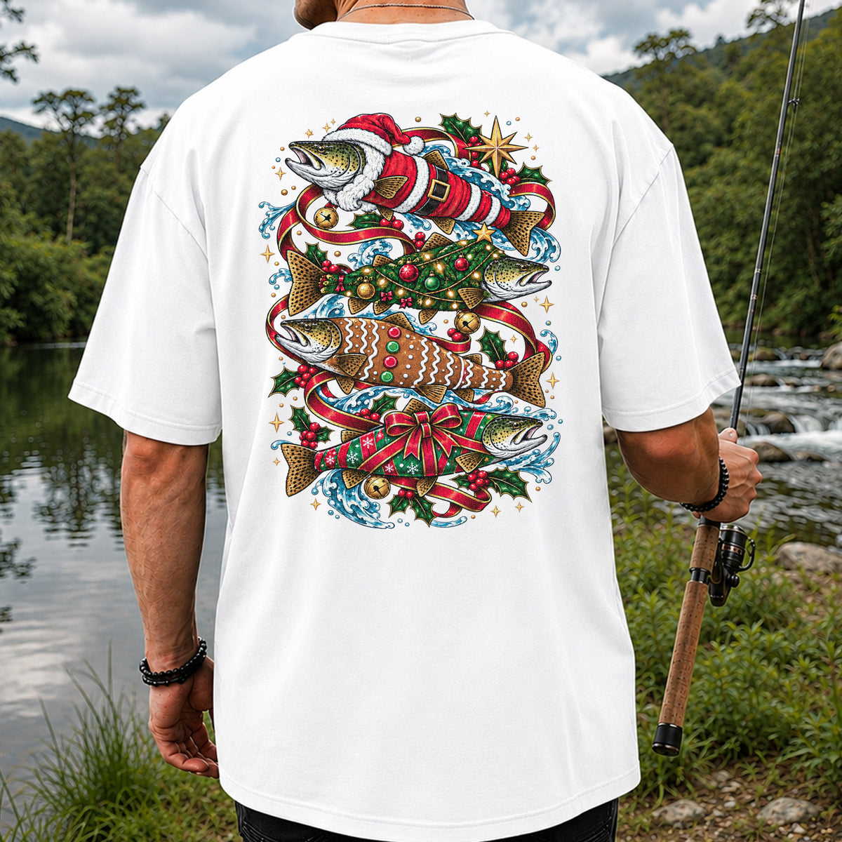 Santa and Gingerbread Trout Christmas Fishing Graphic T-Shirt | Back Print