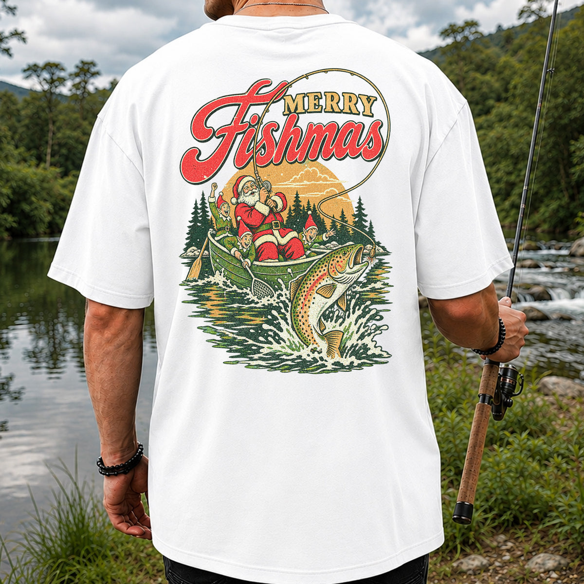 Merry Fishmas Santa and Elves Trout Fishing Christmas T-Shirt | Back Print