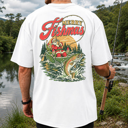 Merry Fishmas Santa and Elves Trout Fishing Christmas T-Shirt | Back Print