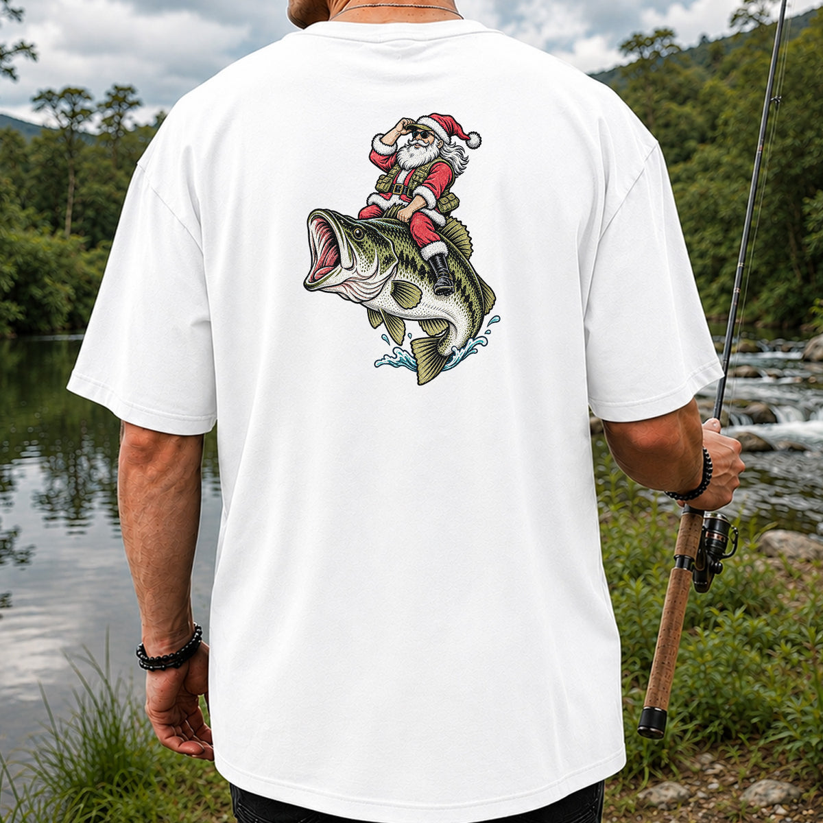 Santa Riding Largemouth Bass Christmas Fishing Graphic T-Shirt | Back Print