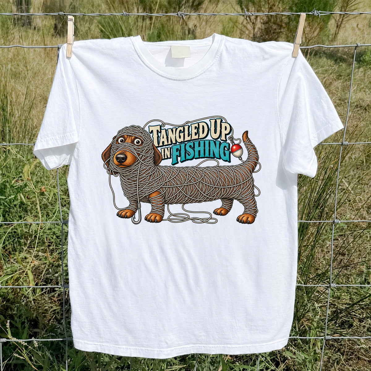 Tangled Up in Fishing Funny Dachshund Dog Graphic T-Shirt