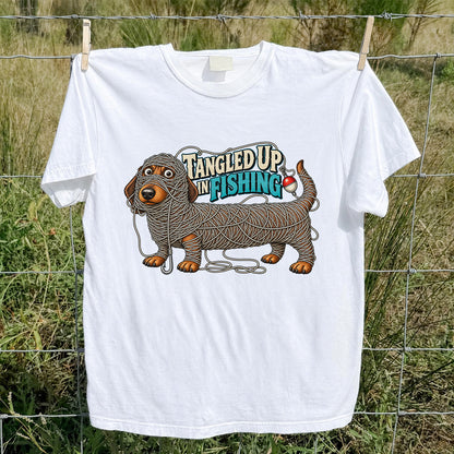 Tangled Up in Fishing Funny Dachshund Dog Graphic T-Shirt