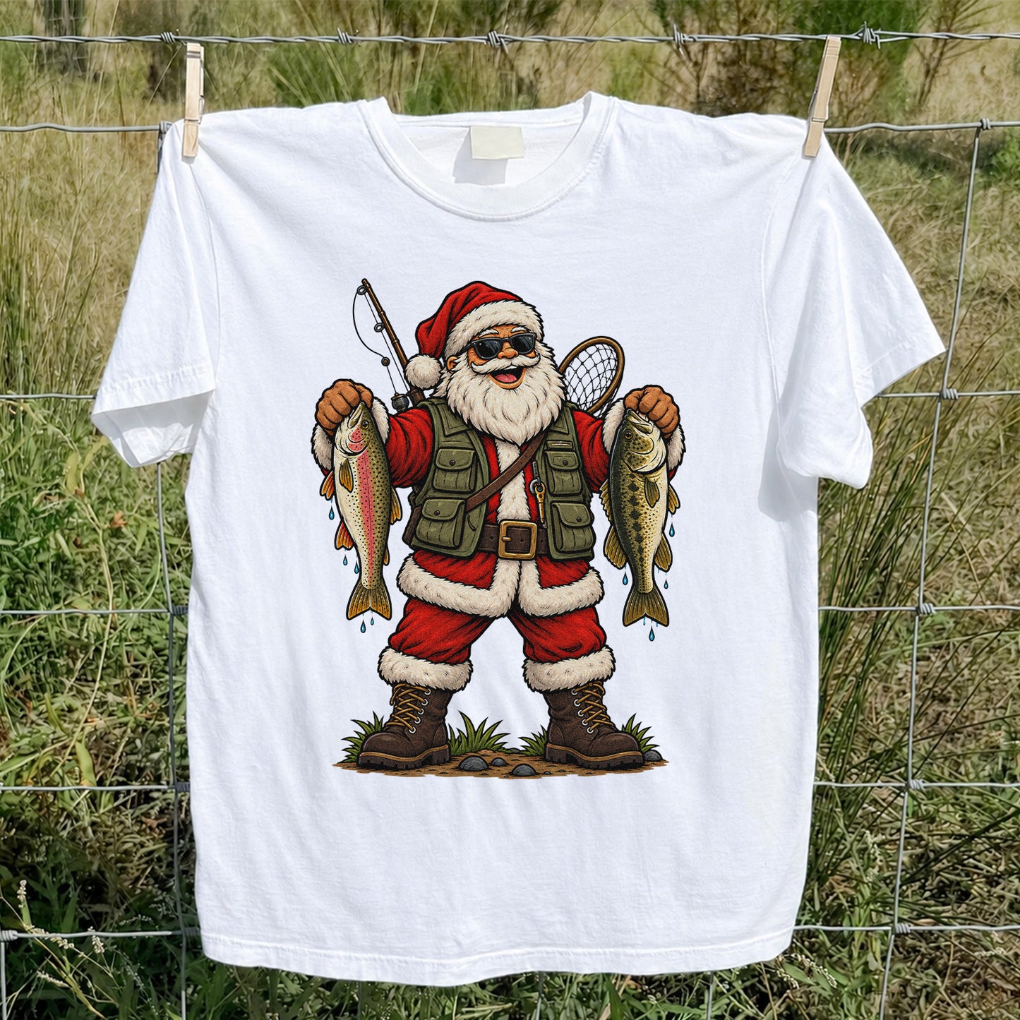 Santa Holding Rainbow Trout and Bass Christmas Fishing Graphic T-Shirt