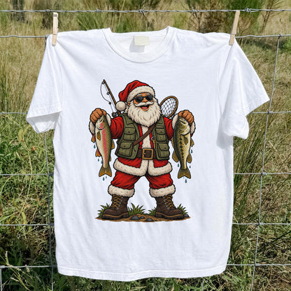 Santa Holding Rainbow Trout and Bass Christmas Fishing Graphic T-Shirt