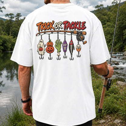 Trick or Tackle Halloween Ghost and Pumpkin Fishing Lures T-Shirt | Back Print