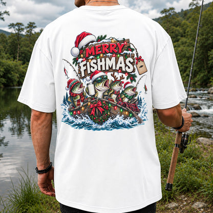 Merry Fishmas Christmas Bass in a Fishing Boat Graphic T-Shirt | Back Print
