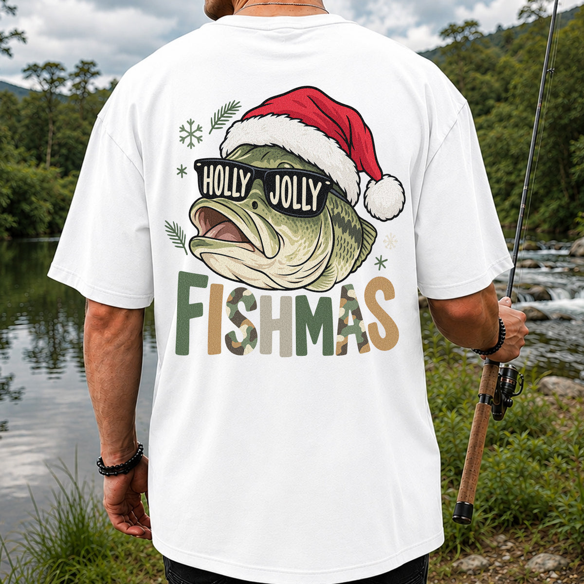 Bass Wearing Santa Hat and Holiday Glasses Fishing Graphic T-Shirt | Back Print