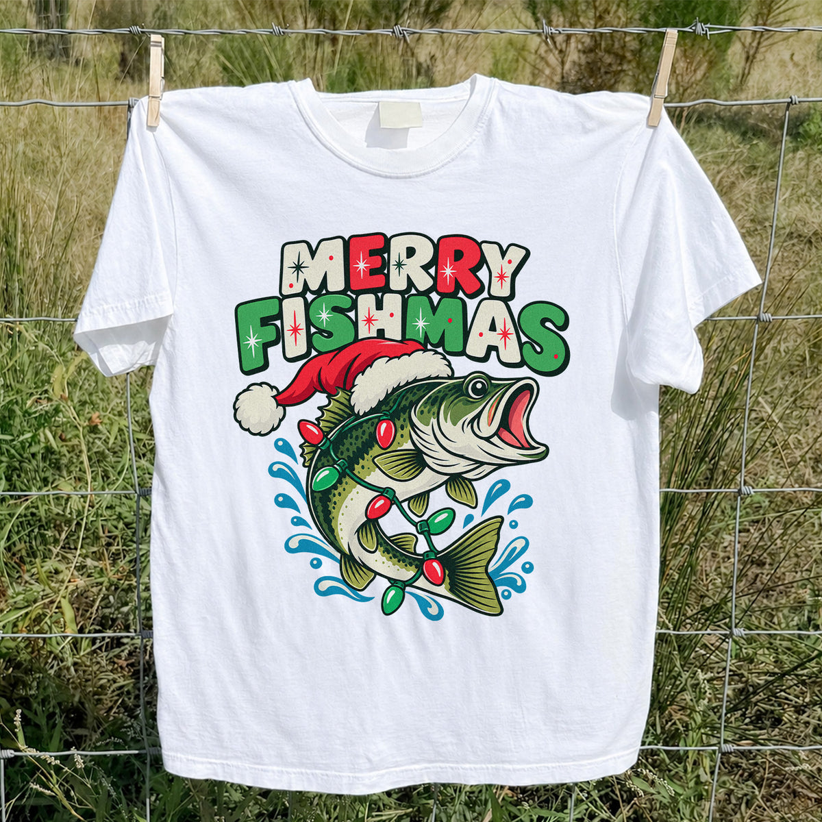 Christmas Bass Wrapped in Lights Graphic T-Shirt