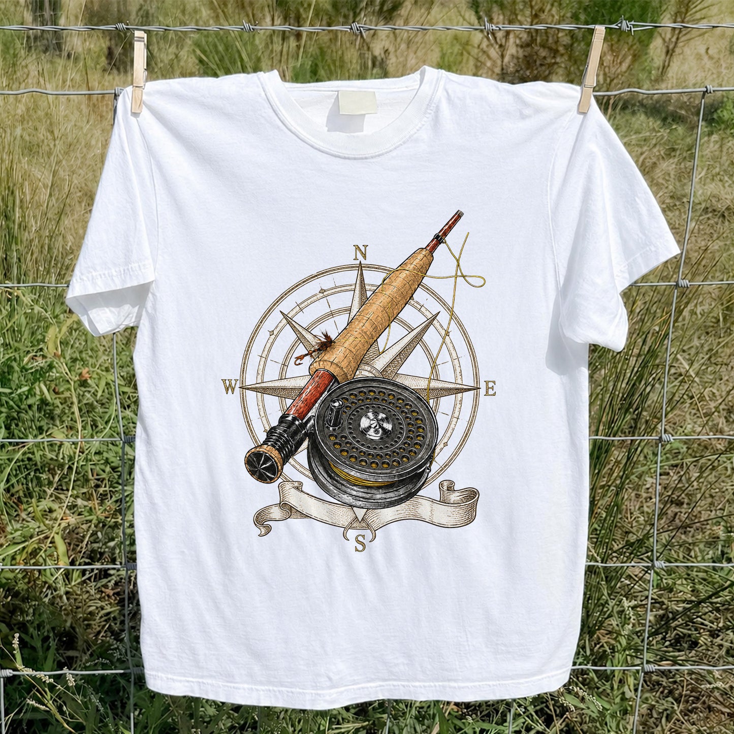 Vintage Fly Fishing Rod Reel and Compass Graphic T-Shirt