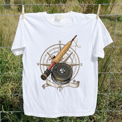 Vintage Fly Fishing Rod Reel and Compass Graphic T-Shirt