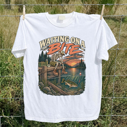 Waiting on a Bite Skeleton Bass Fishing Graphic T-Shirt