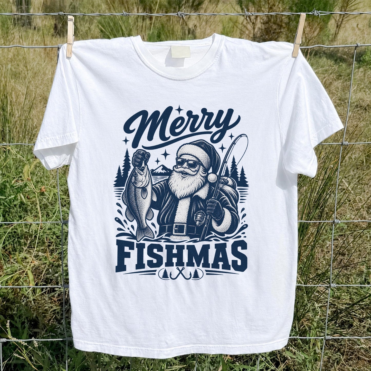 Merry Fishmas Santa Fishing Christmas Graphic T-Shirt