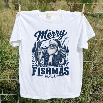 Merry Fishmas Santa Fishing Christmas Graphic T-Shirt