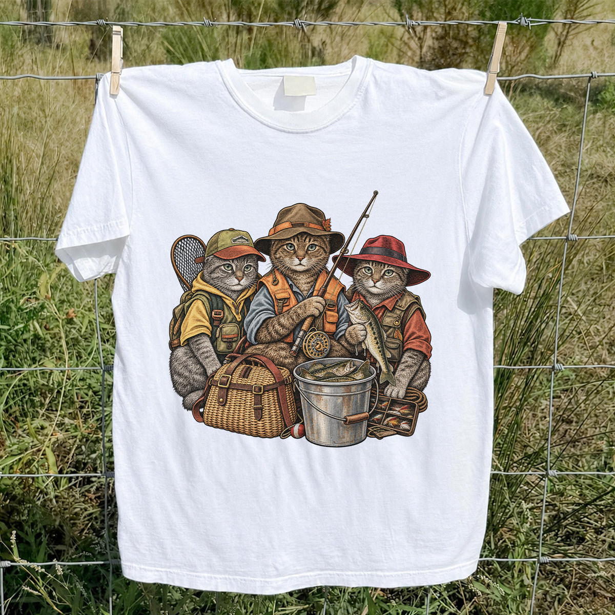 Three Fishing Cats with Rod and Catch Vintage Graphic T-Shirt