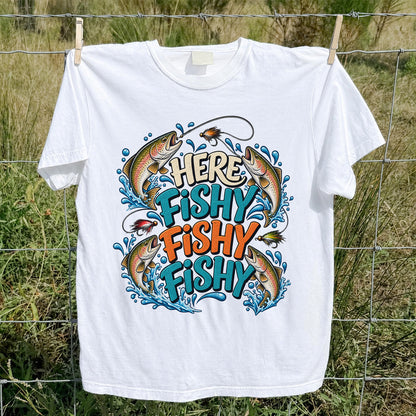 Here Fishy Fishy Fishy Rainbow Trout Funny Fly Fishing T-Shirt