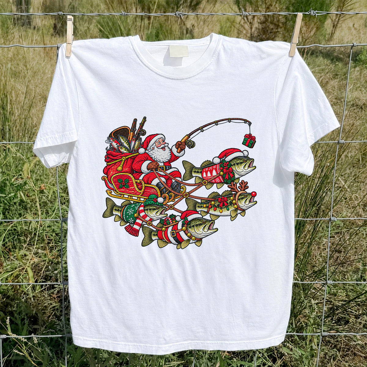 Santa Pulling Festive Bass Fishing Graphic T-Shirt