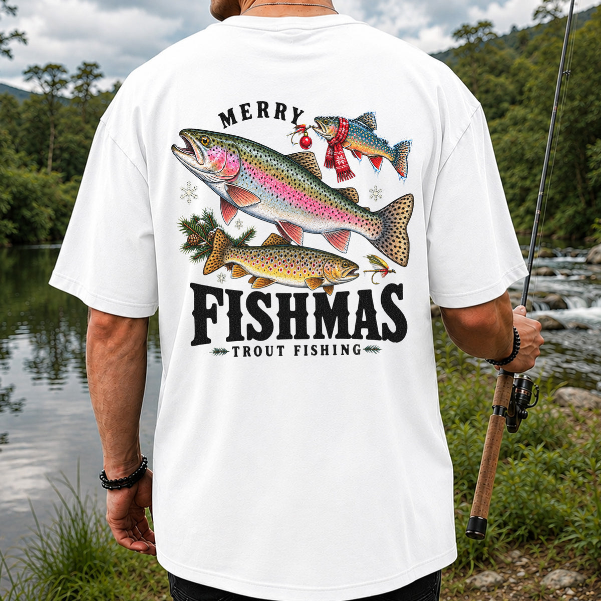 Merry Fishmas Trout Fishing Christmas Graphic T-Shirt | Back Print