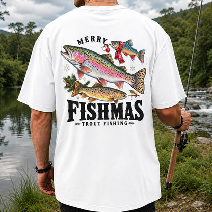 Merry Fishmas Trout Fishing Christmas Graphic T-Shirt | Back Print