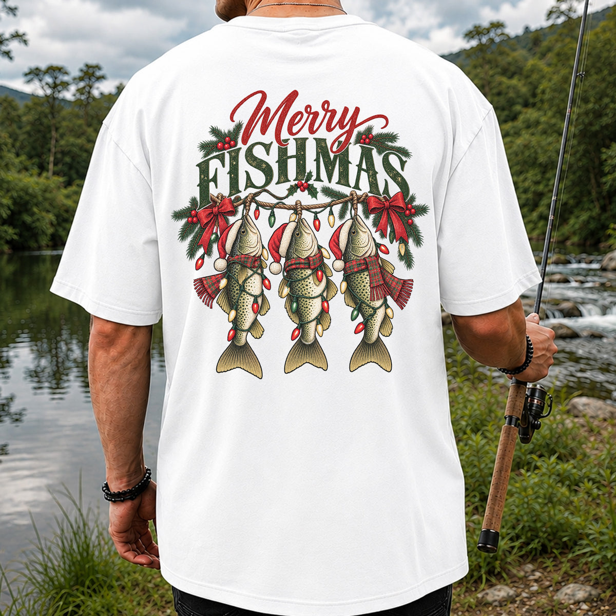 Merry Fishmas Christmas Trout Fishing Graphic T-Shirt | Back Print