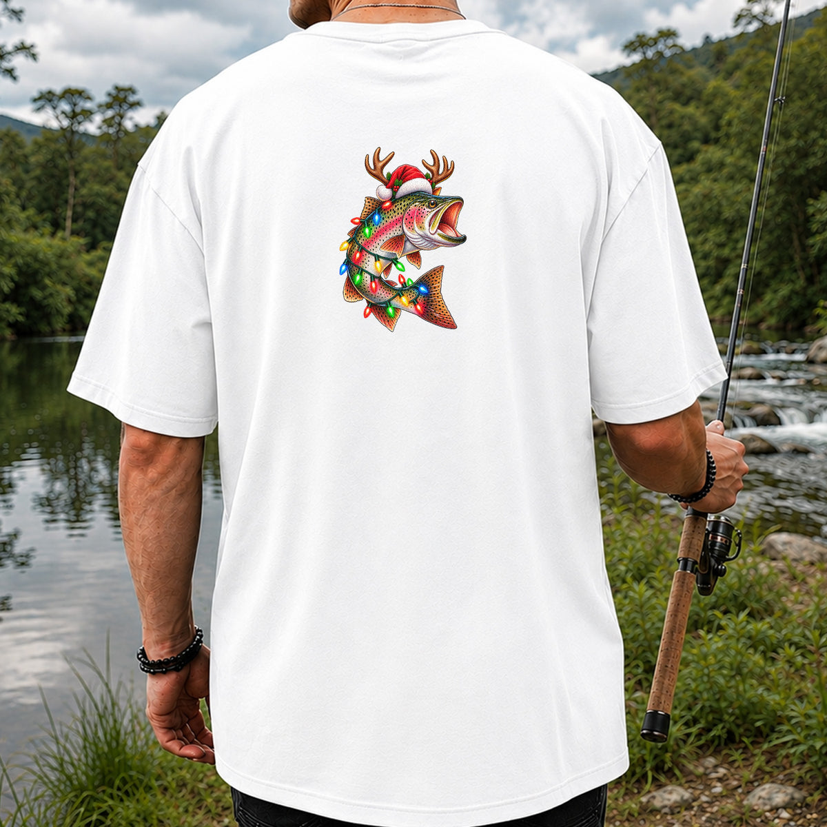 Christmas Rainbow Trout with Santa Hat, Antlers and Holiday Lights Fishing T-Shirt | Back Print