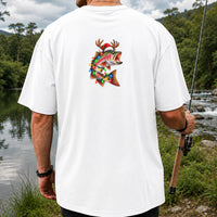 Christmas Rainbow Trout with Santa Hat, Antlers and Holiday Lights Fishing T-Shirt | Back Print