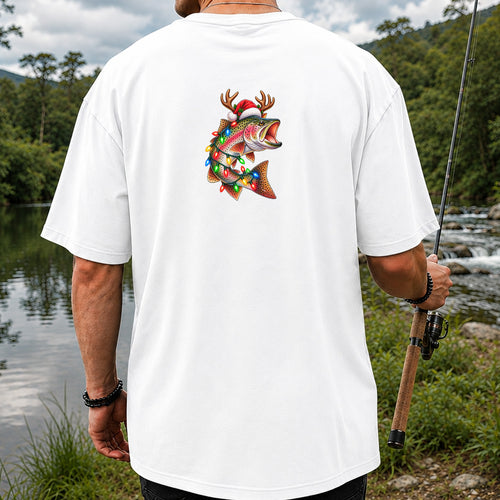 Christmas Rainbow Trout with Santa Hat, Antlers and Holiday Lights Fishing T-Shirt | Back Print