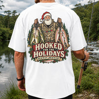 Hooked for the Holidays Bass on the Left Trout on the Right Santa Christmas Fishing T-Shirt | Back Print