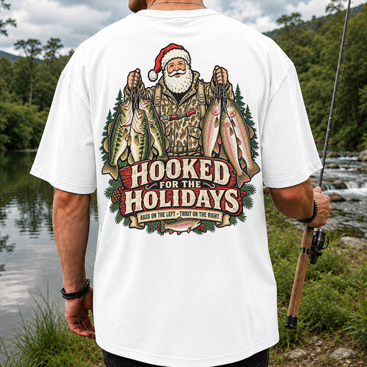 Hooked for the Holidays Bass on the Left Trout on the Right Santa Christmas Fishing T-Shirt | Back Print