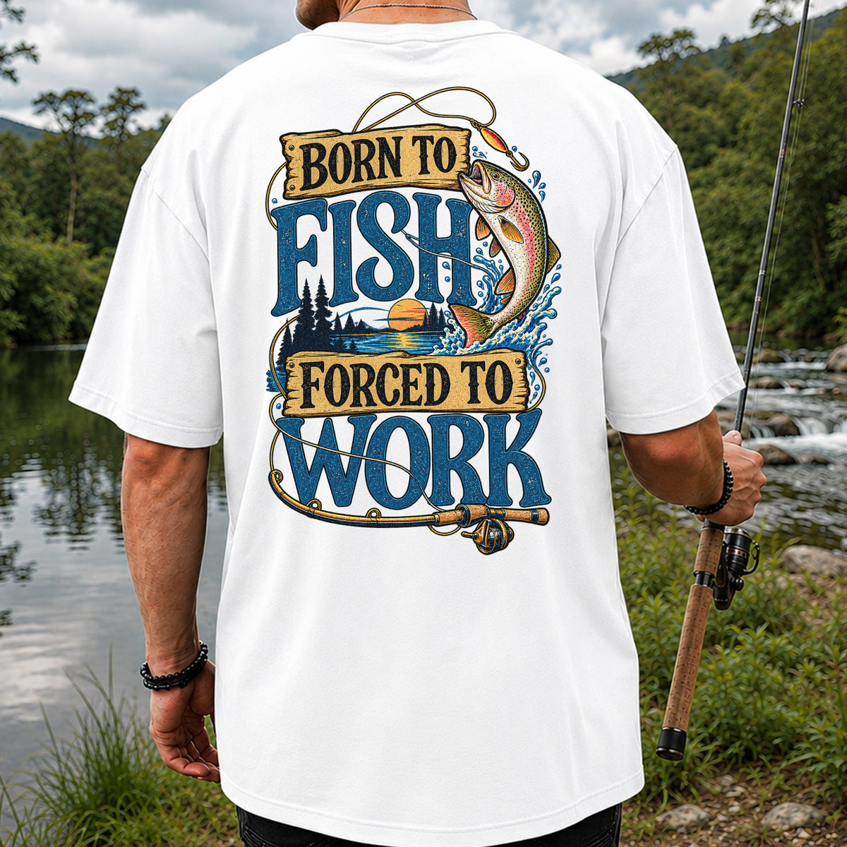 Rainbow Trout Lake Sunset Fishing Graphic T-Shirt | Back Print