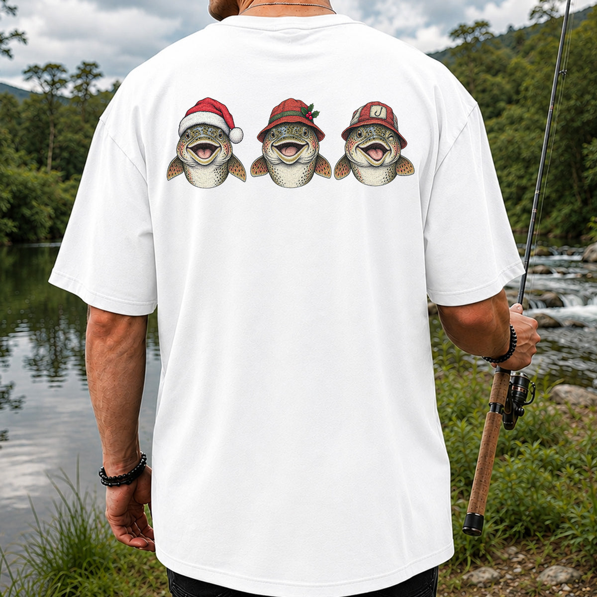 Funny Christmas Trout Trio Fishing Graphic T-Shirt | Back Print