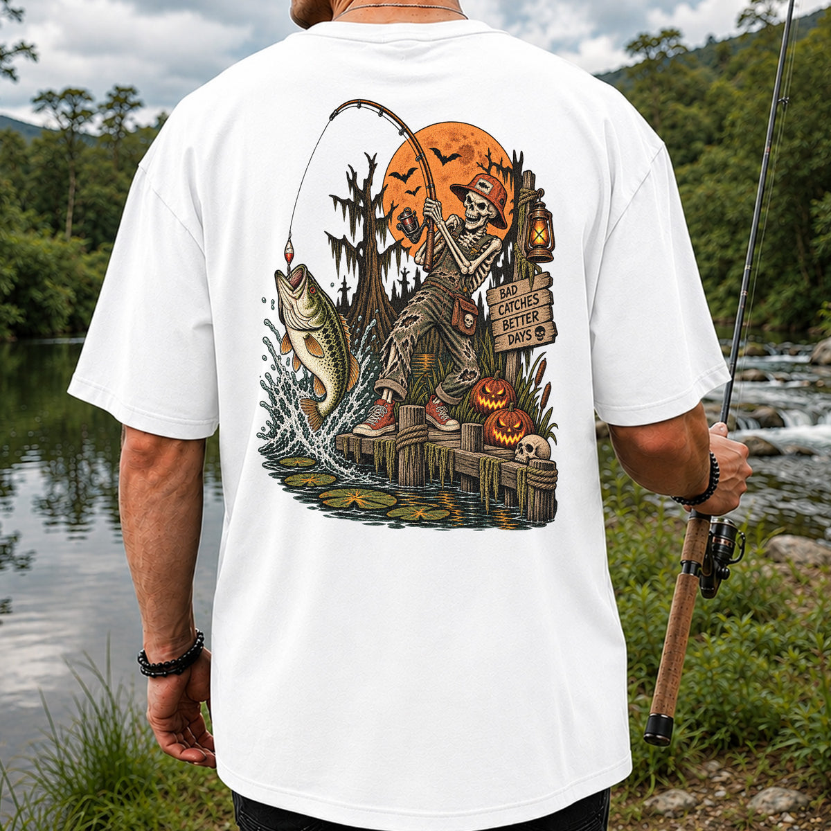 Bad Catches Better Days Skeleton and Bass Halloween Fishing T-Shirt | Back Print