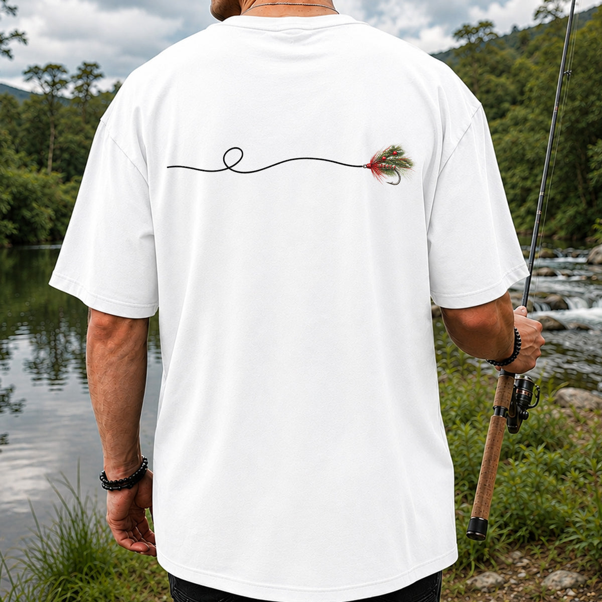 Festive Fly Fishing Lure and Line Graphic T-Shirt | Back Print