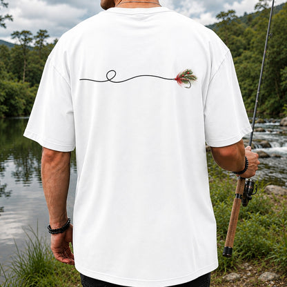 Festive Fly Fishing Lure and Line Graphic T-Shirt | Back Print