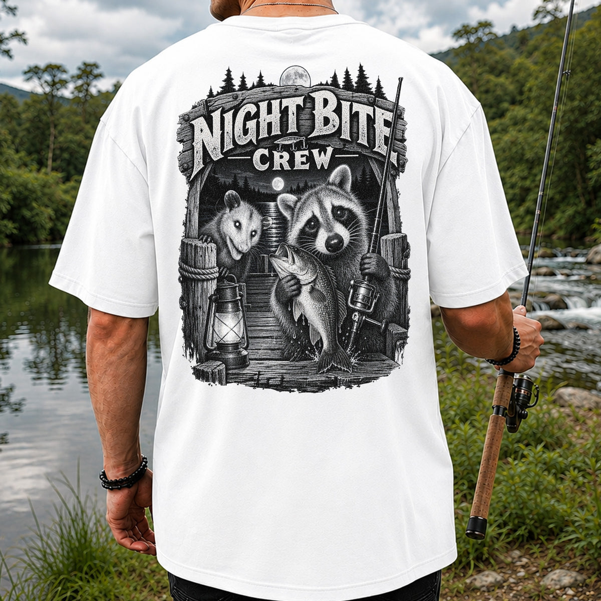 Night Bite Crew Raccoon and Bass Fishing Graphic T-Shirt | Back Print