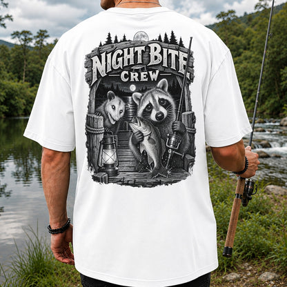 Night Bite Crew Raccoon and Bass Fishing Graphic T-Shirt | Back Print