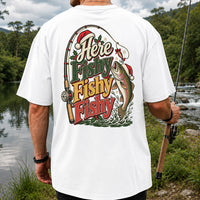 Here Fishy Fishy Fishy Christmas Rainbow Trout Fishing T-Shirt | Back Print
