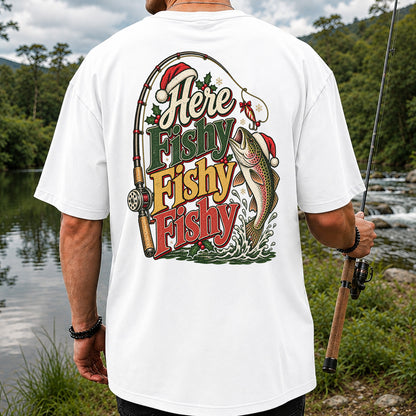 Here Fishy Fishy Fishy Christmas Rainbow Trout Fishing T-Shirt | Back Print