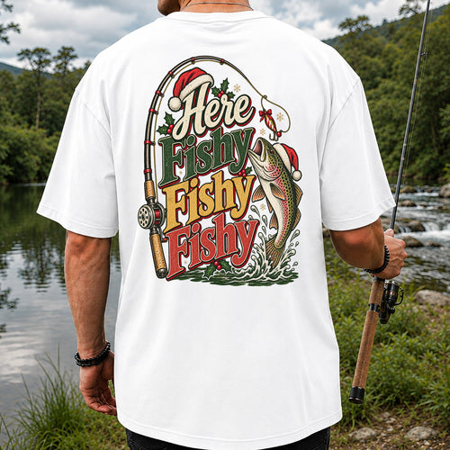Here Fishy Fishy Fishy Christmas Rainbow Trout Fishing T-Shirt | Back Print