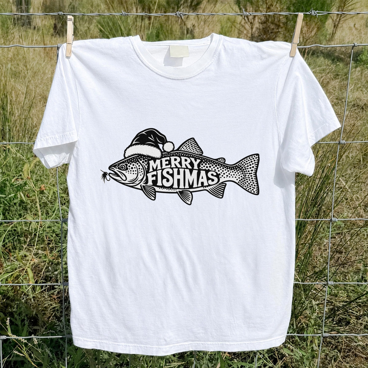 Merry Fishmas Black and White Trout Christmas Fishing T-Shirt