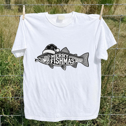 Merry Fishmas Black and White Trout Christmas Fishing T-Shirt