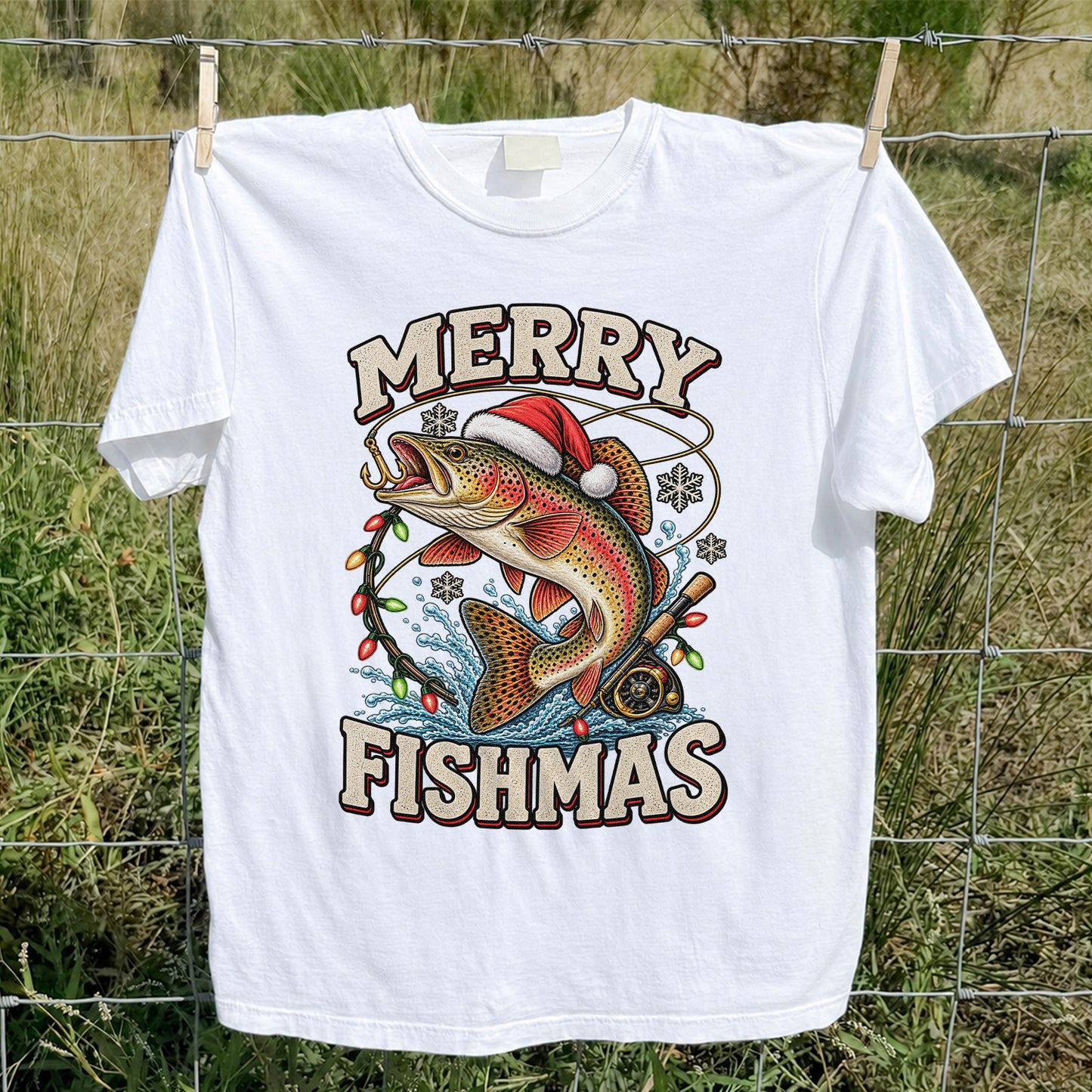 Merry Fishmas Santa Hat Rainbow Trout Fishing T-Shirt