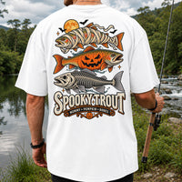 Spooky Trout Mummy Pumpkin Bones Halloween Fishing T-Shirt | Back Print